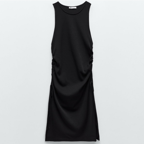 Zara Black Ruched Tie Side Ribbed Dress Small - Picture 1 of 11